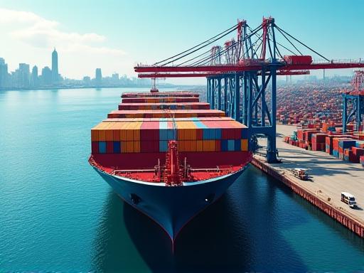 Cargo ship being loaded with containers at a port